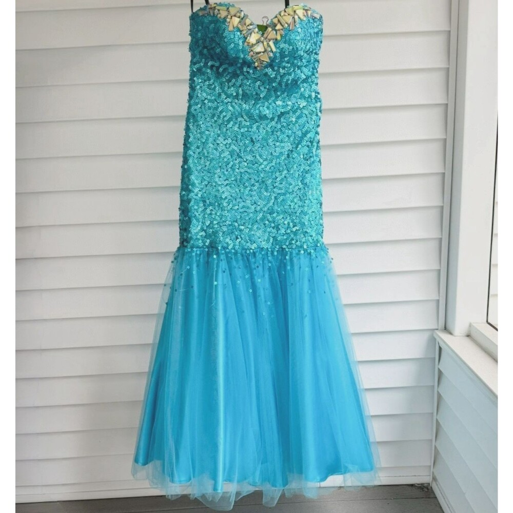 RJ Crush Sequin Tulle Long Aqua Blue Mermaid Prom Dress Sparkle Shine Elegant 4